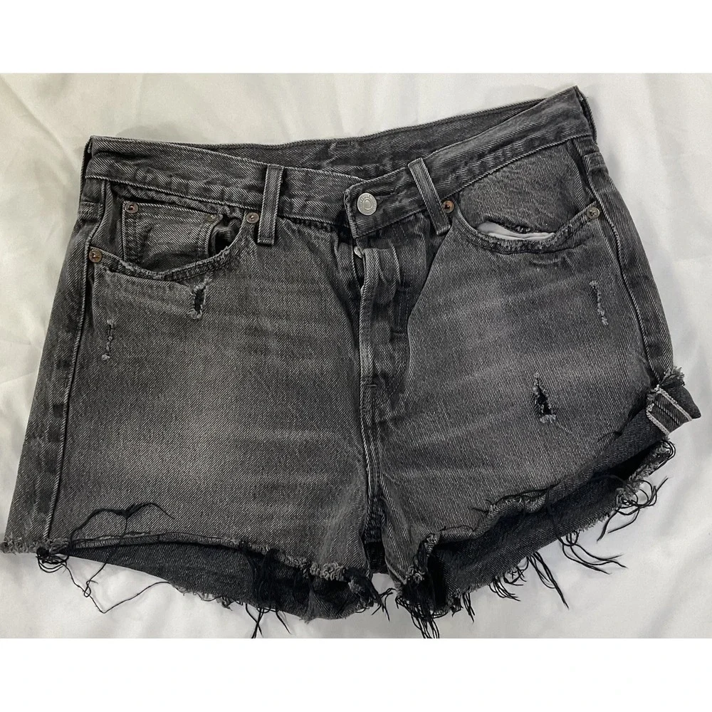 Levi's 501 Cutoff Shorts Womens Size 29 Black Faded Denim Frayed 201